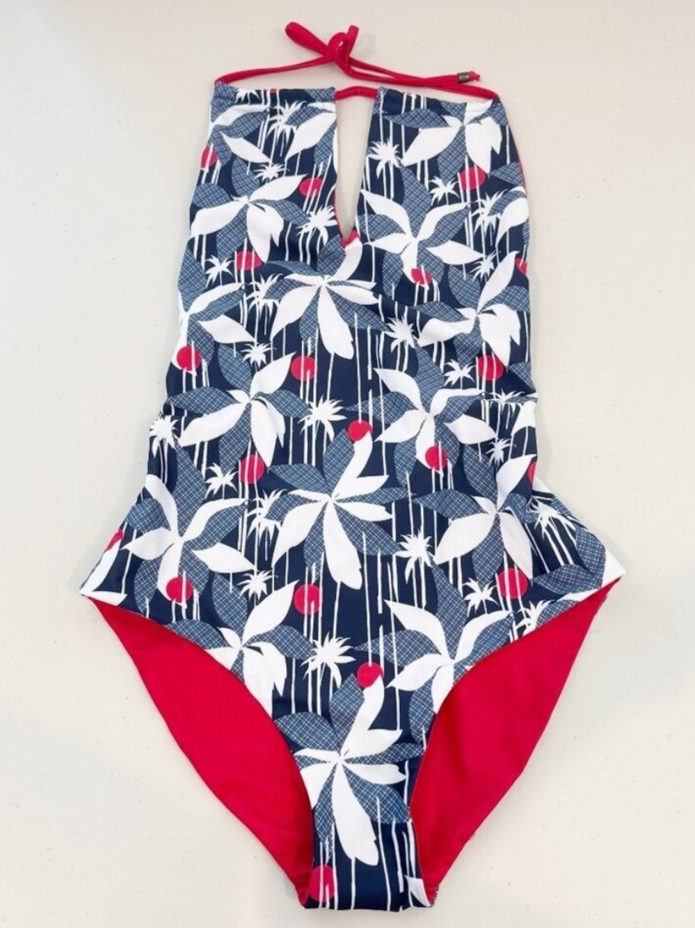 Faherty Caicos‎ Swimsuit Size XS Red Blue Reversible Halter Keyhole One Piece